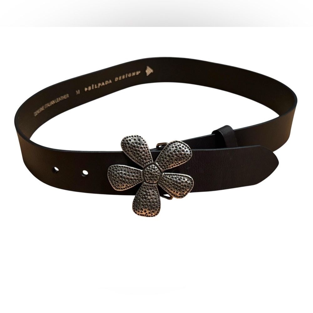 Like New Silpada Design M Black Leather Belt Silver Flower Buckle